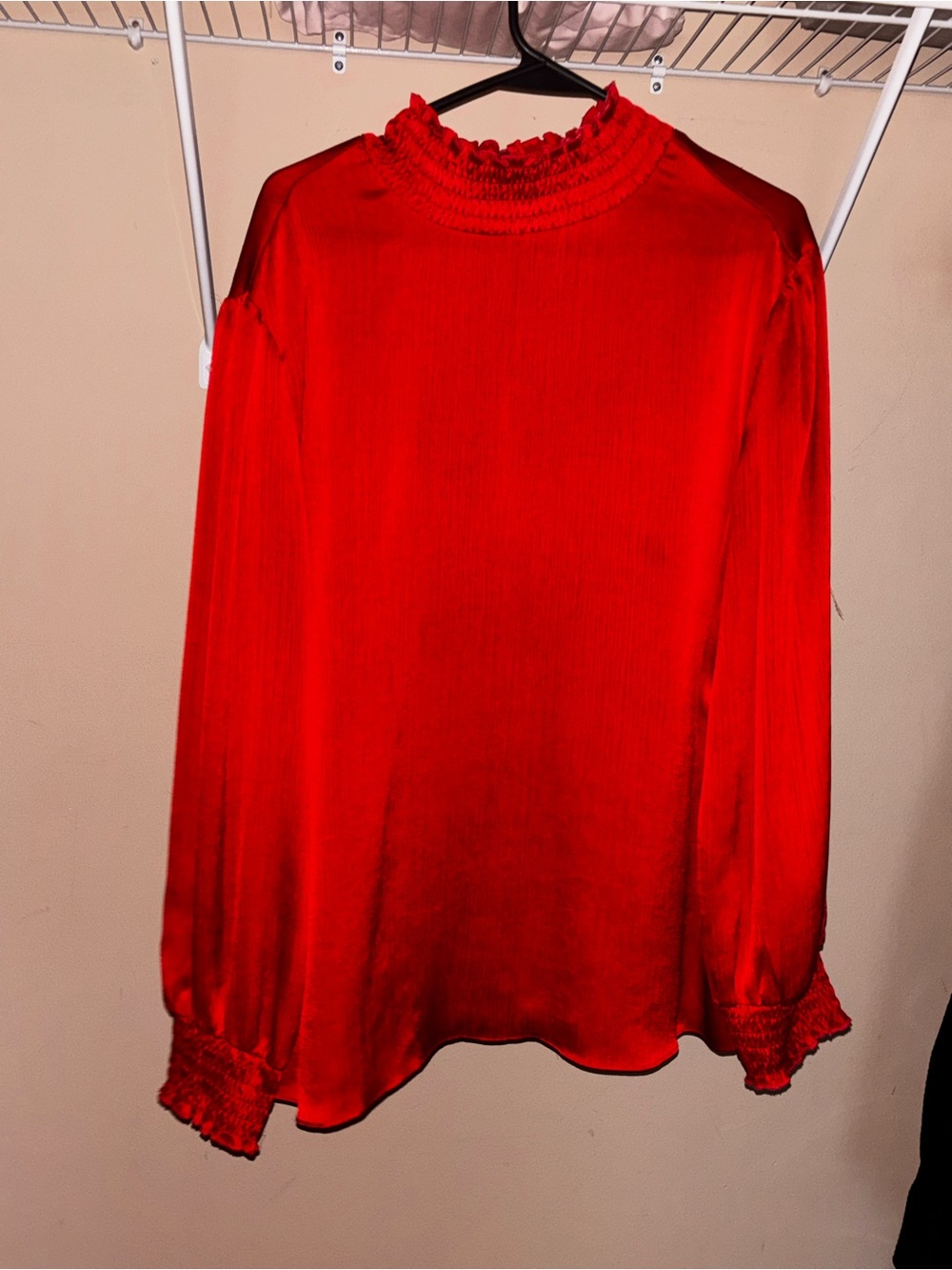 Red Long-Sleeve Ruffle Neck Blouse